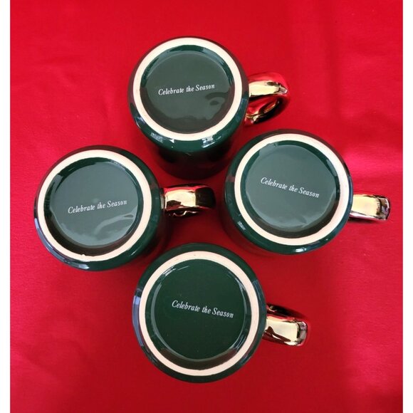 Vintage Christmas Mugs Celebrate the Season Gold Decal Green Set of Four - Picture 7 of 12